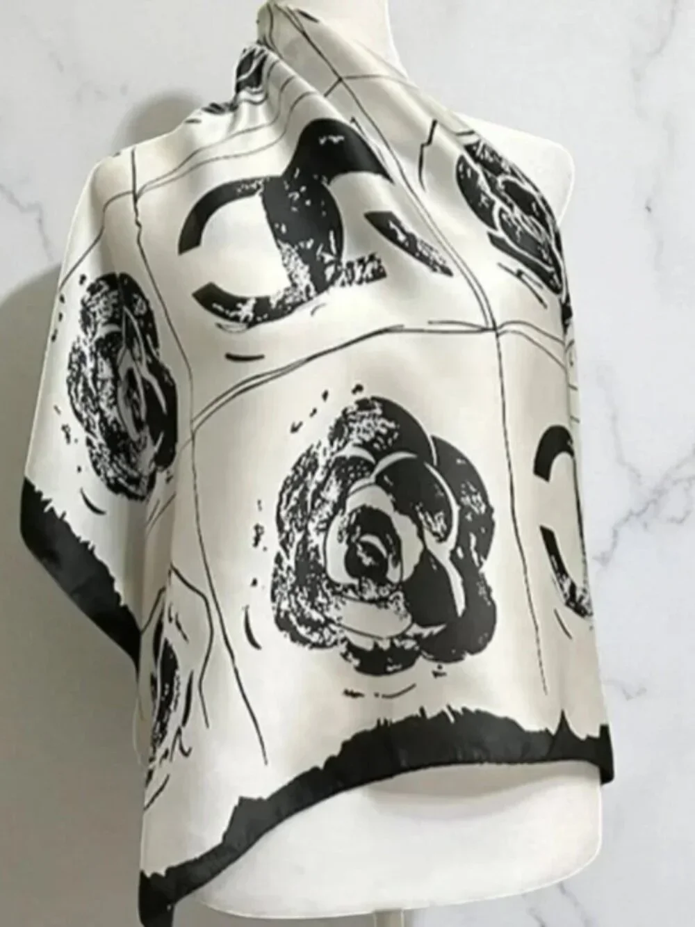 Black Ivory Floral Abstract Square Scarf 27x27 Lightweight Elegant Wrap